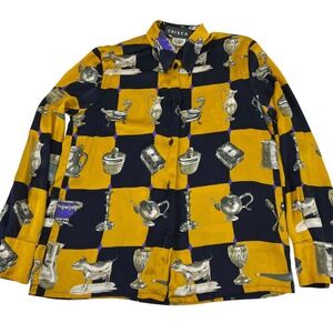 Vintage Crisca Silk Blouse Womens 36 Mustard Navy Novelty Print Made Italy